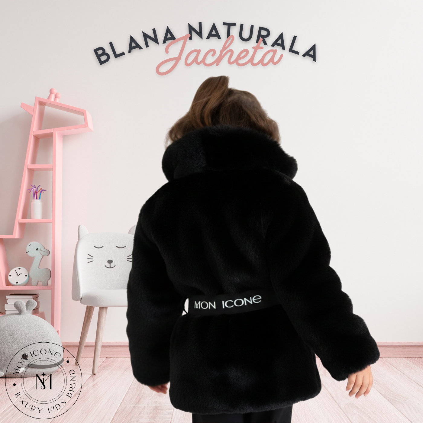 Haină pentru fete Mon Icone, blana naturală, neagra, 98 cm