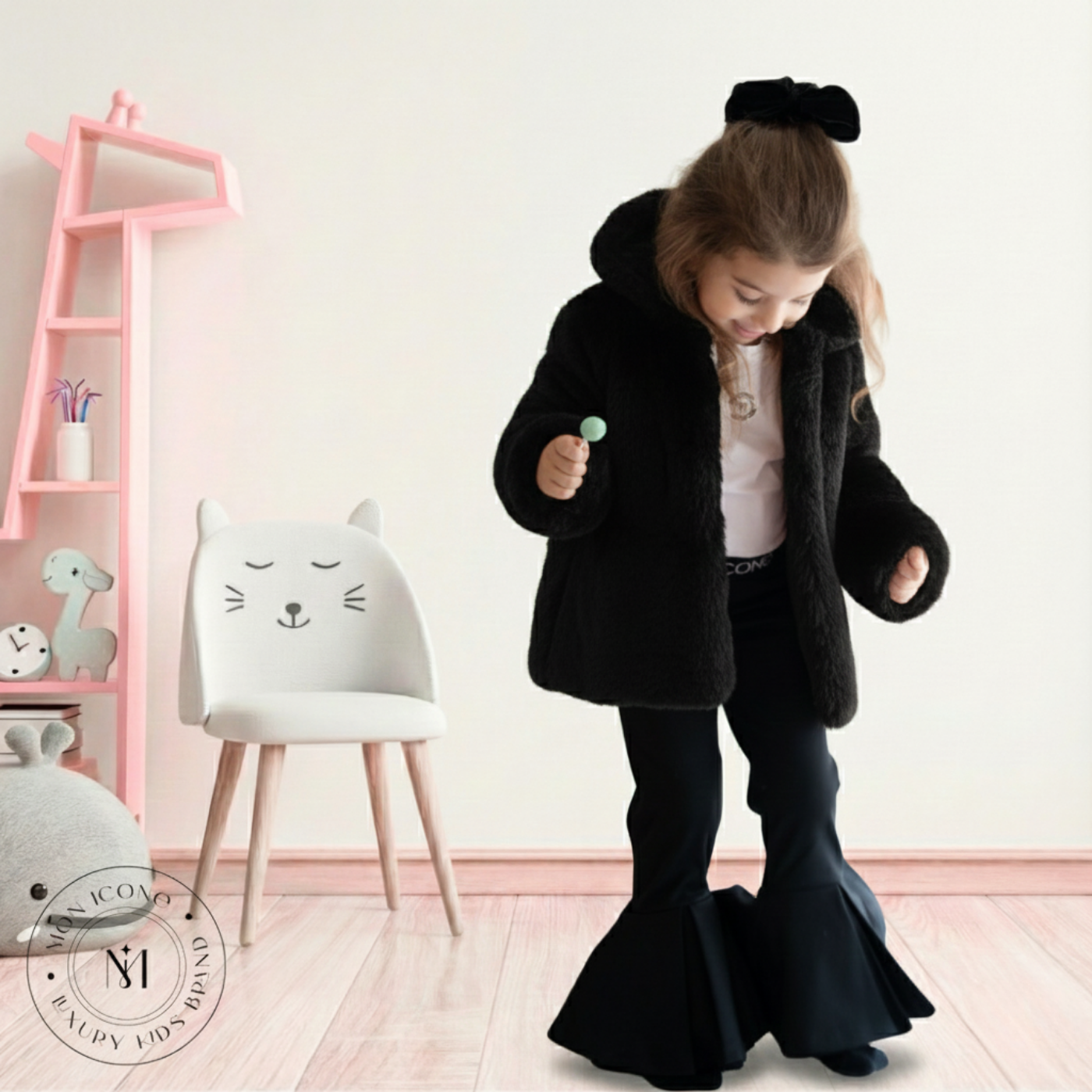 Haină pentru fete Mon Icone, blana naturală, neagra, 98 cm