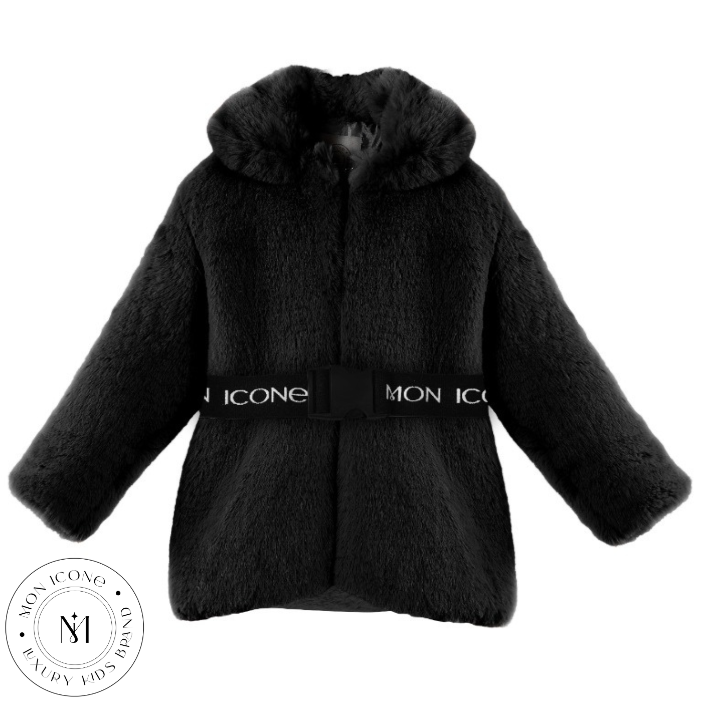 Haină pentru fete Mon Icone, blana naturală, neagra, 98 cm