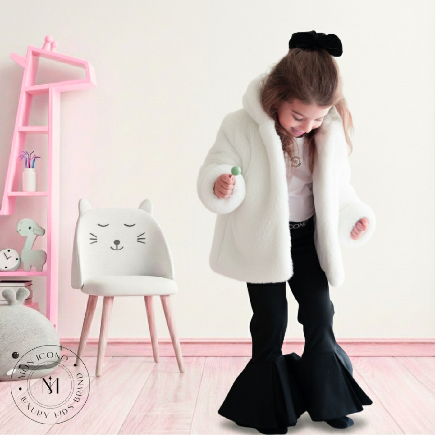 Haină pentru fete Mon Icone, blana naturală, alba, 98 cm