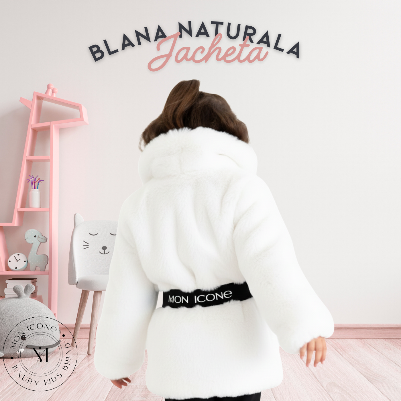 Haină pentru fete Mon Icone, blana naturală, alba, 98 cm