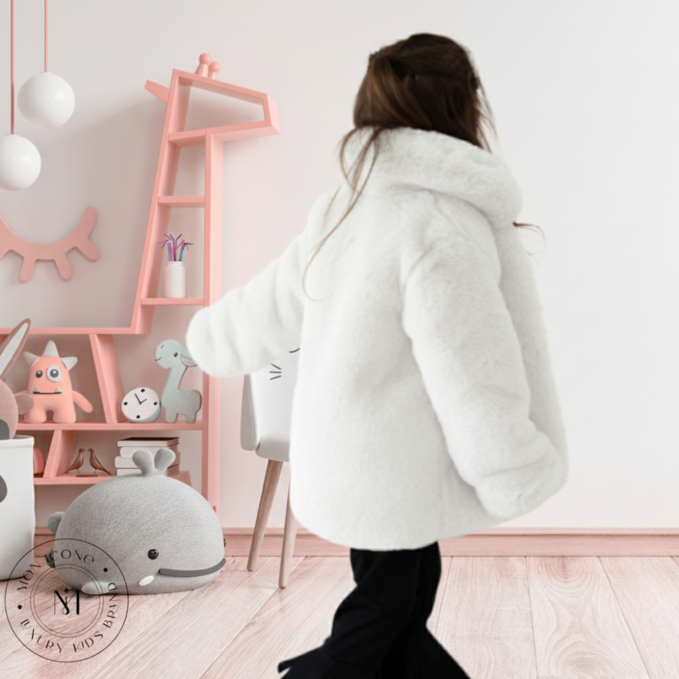 Haină pentru fete Mon Icone, blana naturală, alba, 98 cm