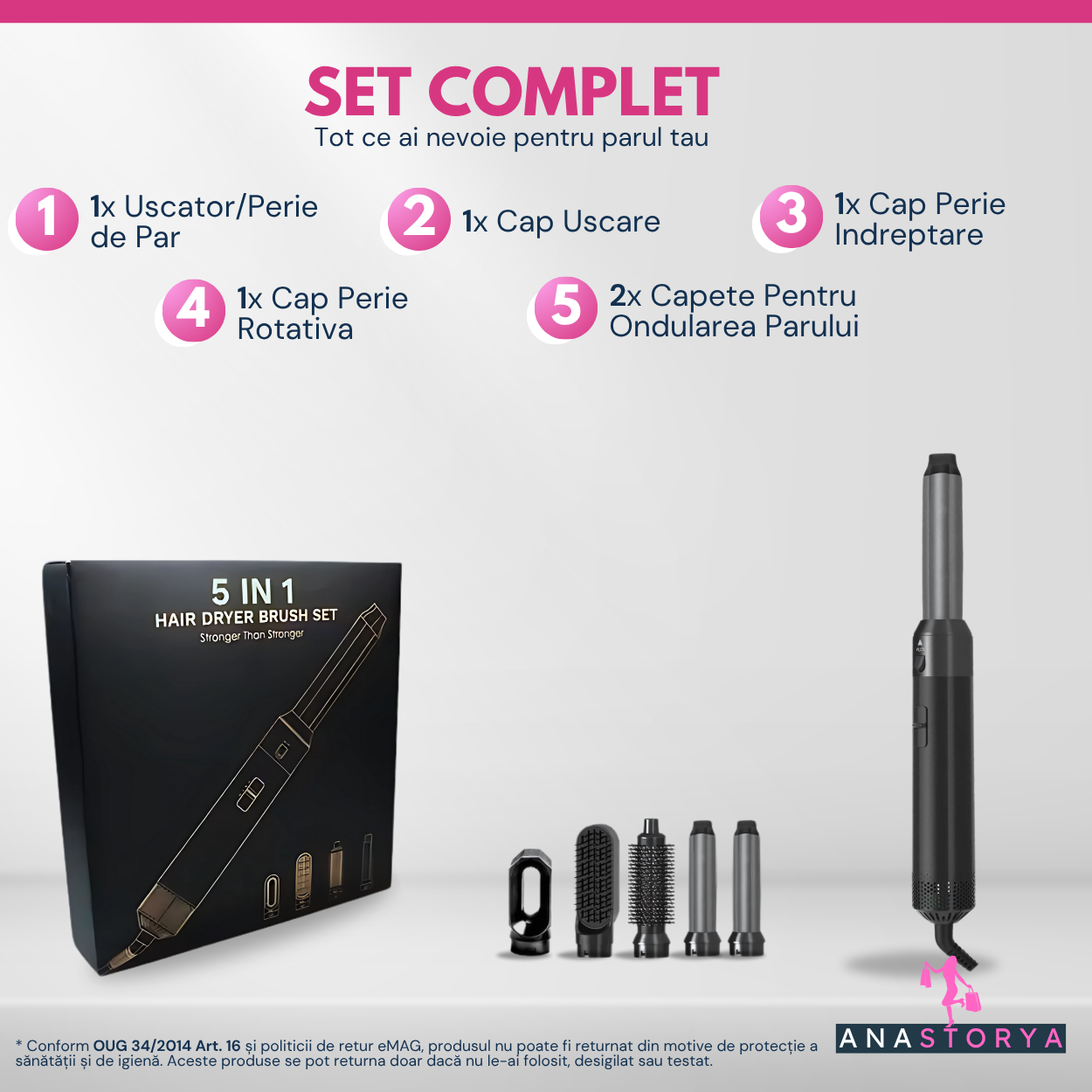 Perie Electrica cu aer cald 5 IN 1, Motor 1000W AnaStorya