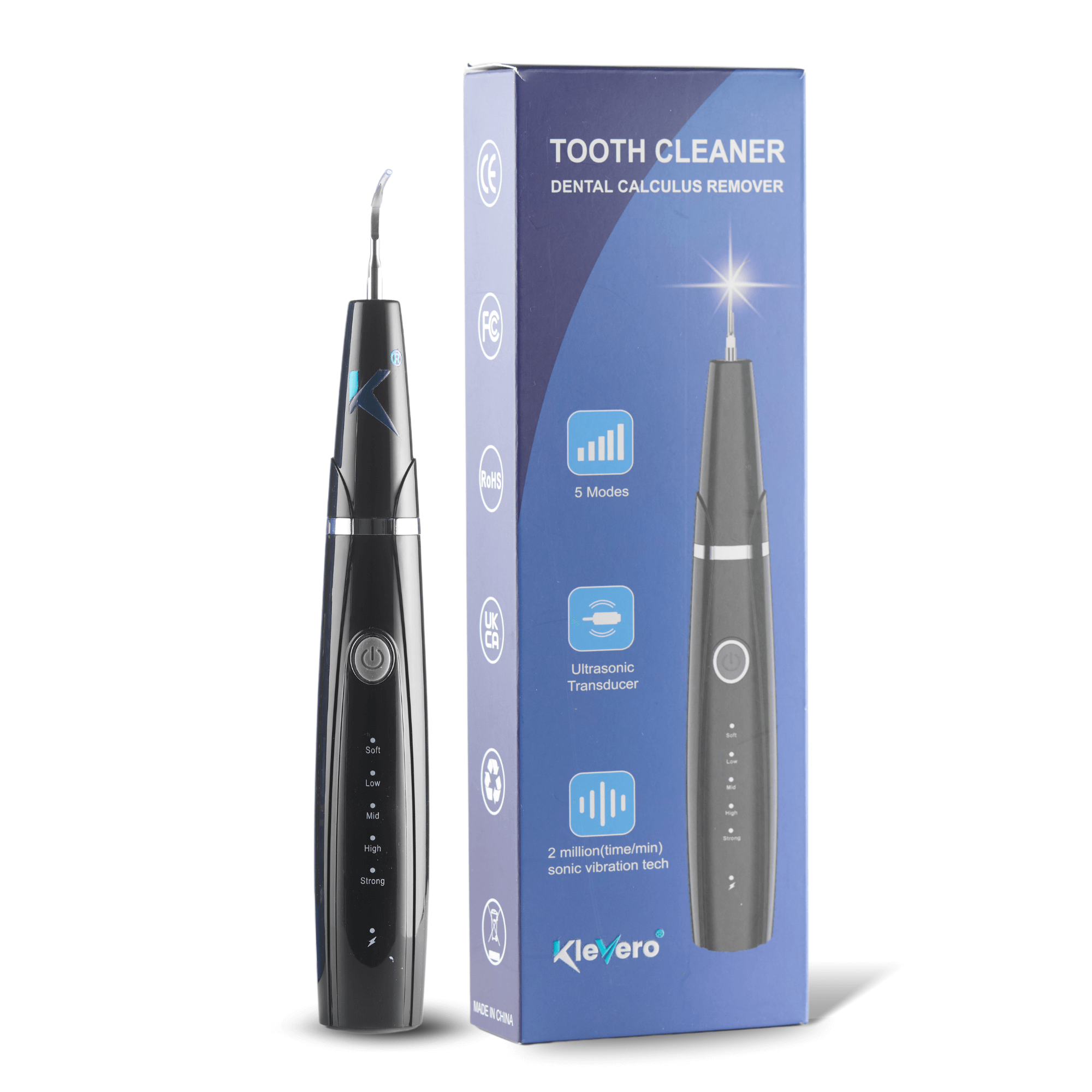 Aparat pentru Detartraj Ultrasonic KLEVERO, Eliminare Tartru si Placa Bacteriana, 5 Intensitati Reglabile pentru Curatarea Dintilor, 3 Capete Curatare Dentara si Oglinda Incluse, Lumina LED Puternica, Portabil si Reincarcabil