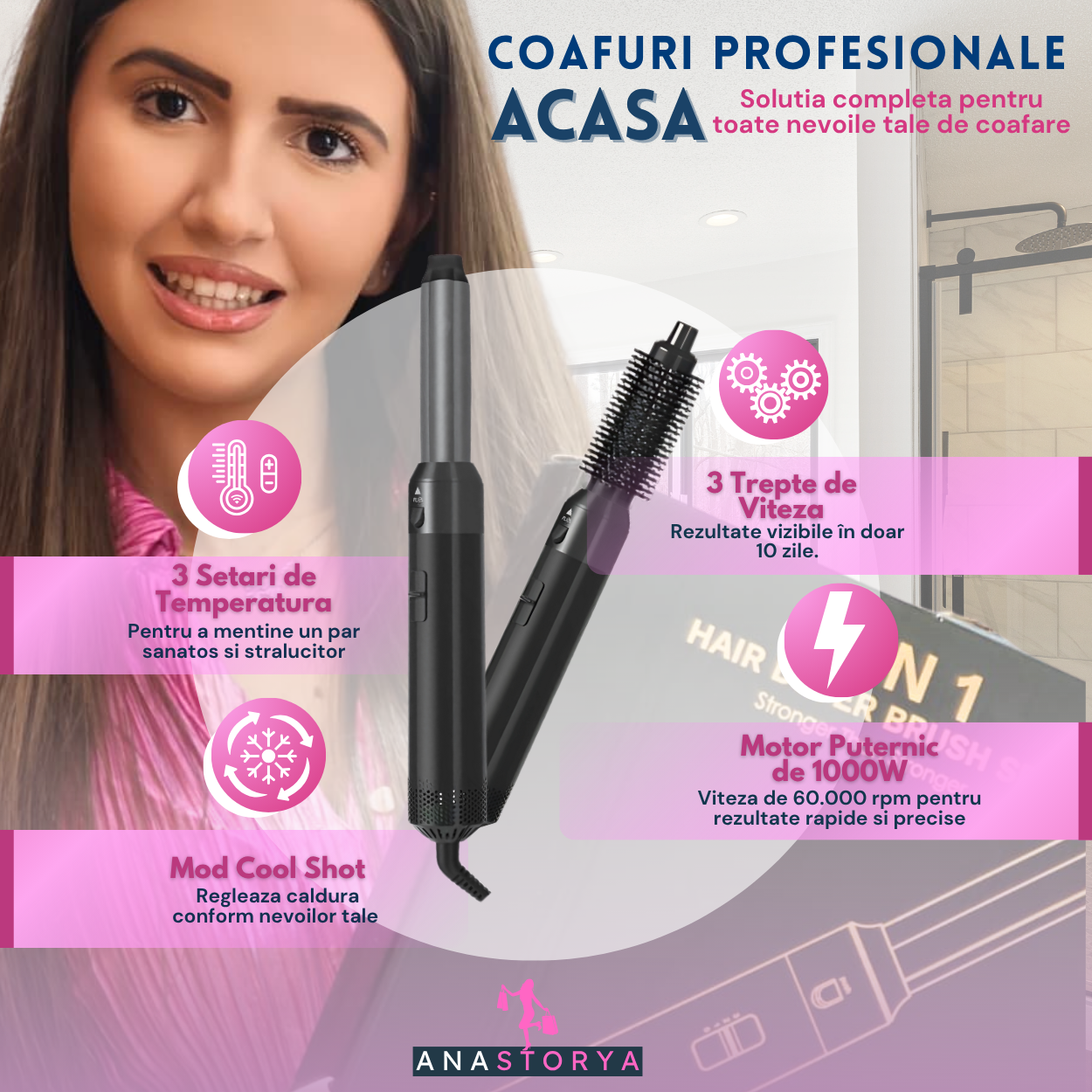 Perie Electrica cu aer cald 5 IN 1, Motor 1000W AnaStorya