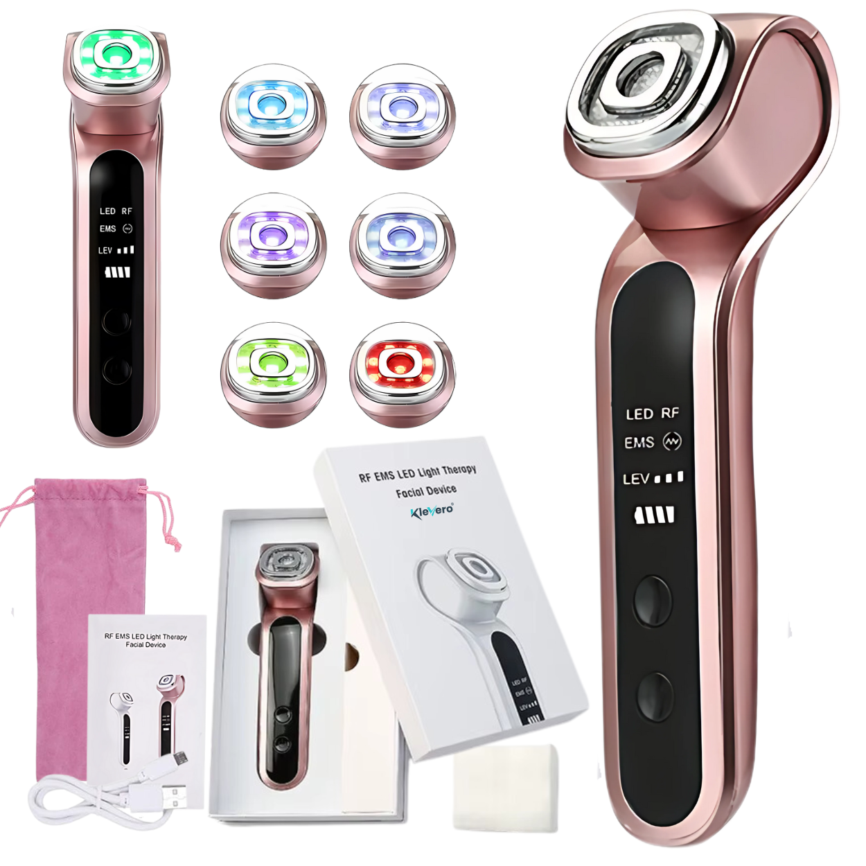 Dispozitiv Facial 7 in 1 Klevero, cu Terapie LED, RF si EMS – Rejuvenare, Lifting si Tratarea Acneei