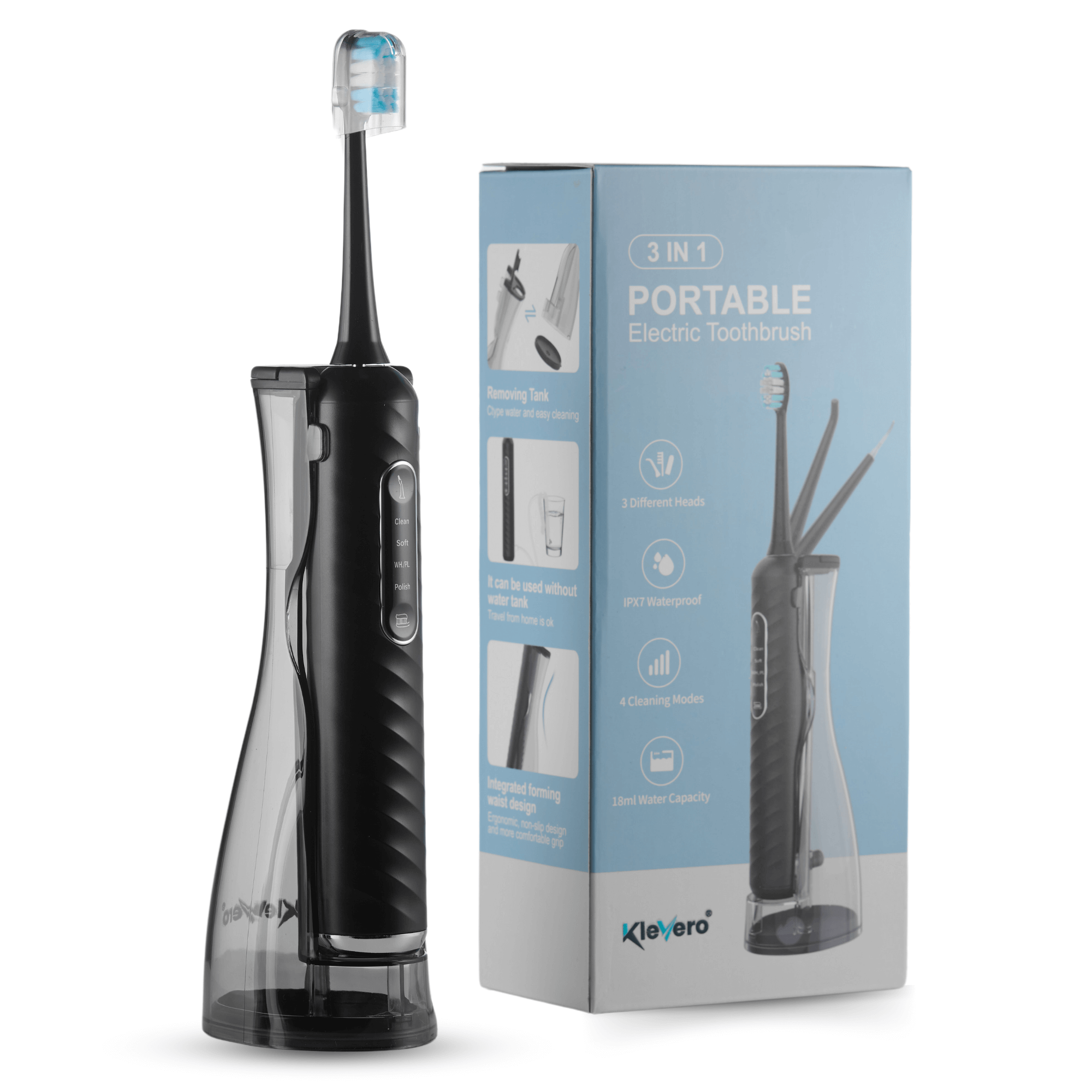 Irigator Bucal 3-in-1 cu Periuta Sonica Electrica si cap eliminare tartru KLEVERO® – Tehnologie de Pulverizare cu 2 Orificii, 32.000 Vibratii/Min, Temporizator Inteligent, Rezistenta IPX7, Autonomie 15 Zile, Negru
