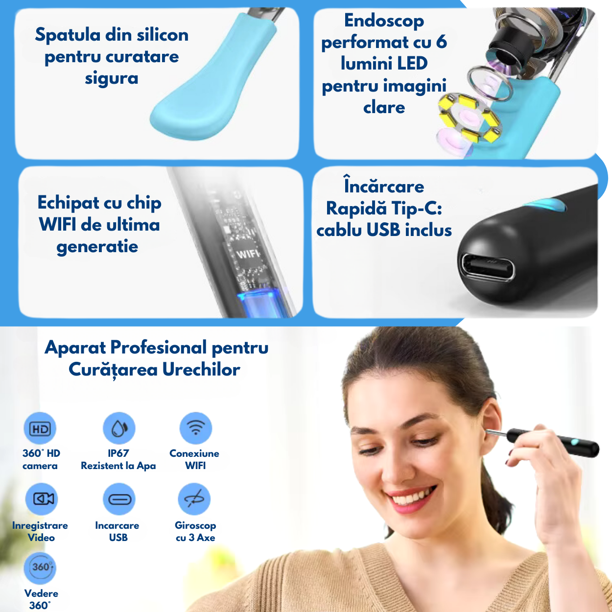 Aparat Profesional pentru Curatarea Urechilor cu Camera 360° HD