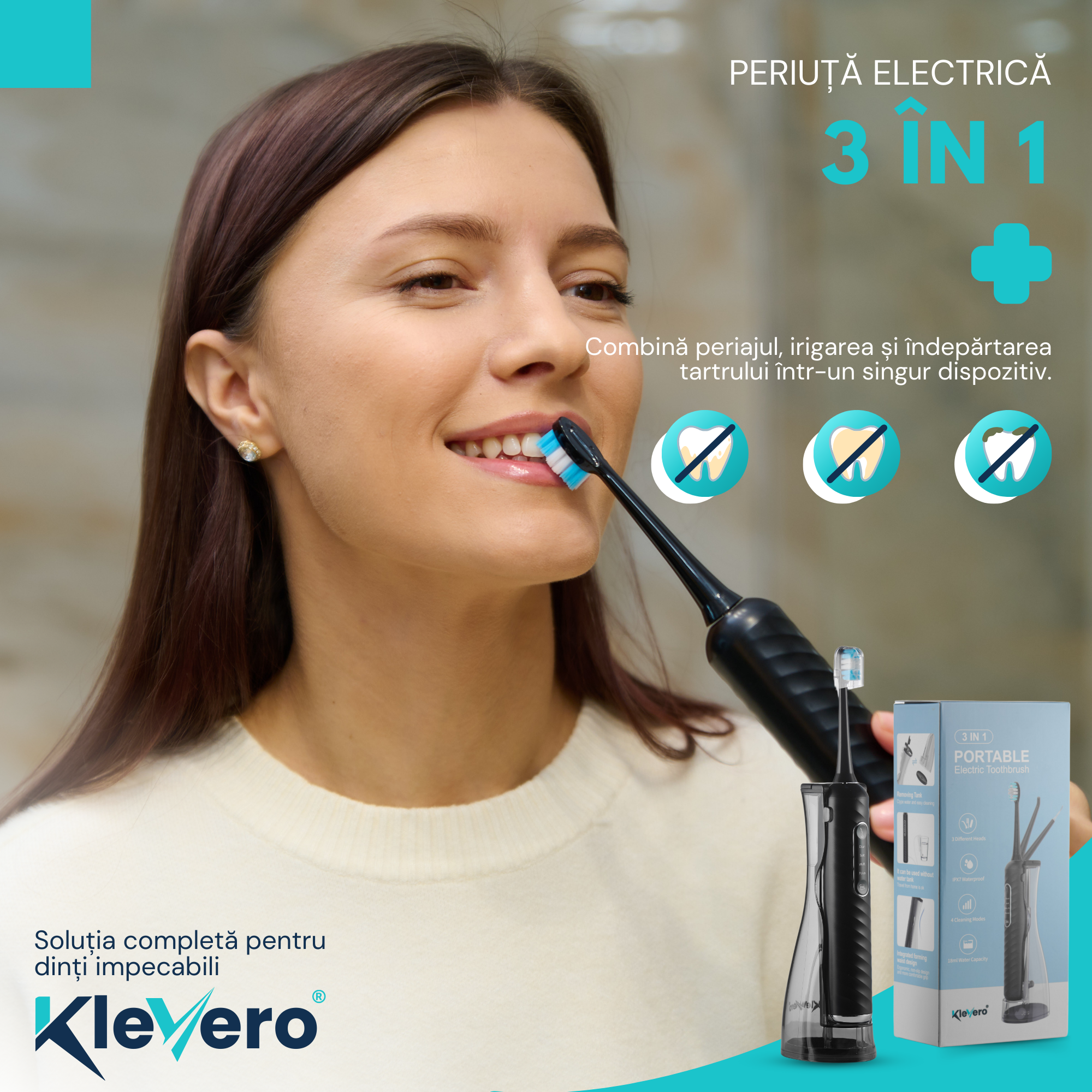 Irigator Bucal 3-in-1 cu Periuta Sonica Electrica si cap eliminare tartru