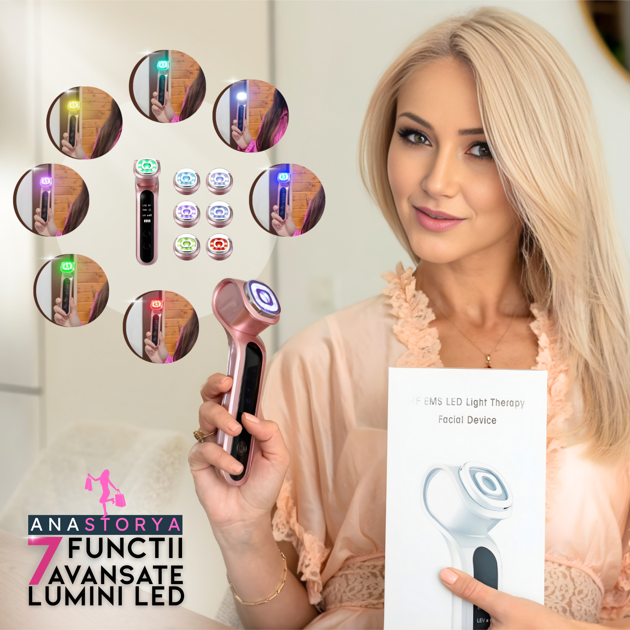 Dispozitiv Facial 7 in 1 AnaStorya, cu Terapie LED, RF si EMS – Rejuvenare, Lifting si Tratarea Acneei