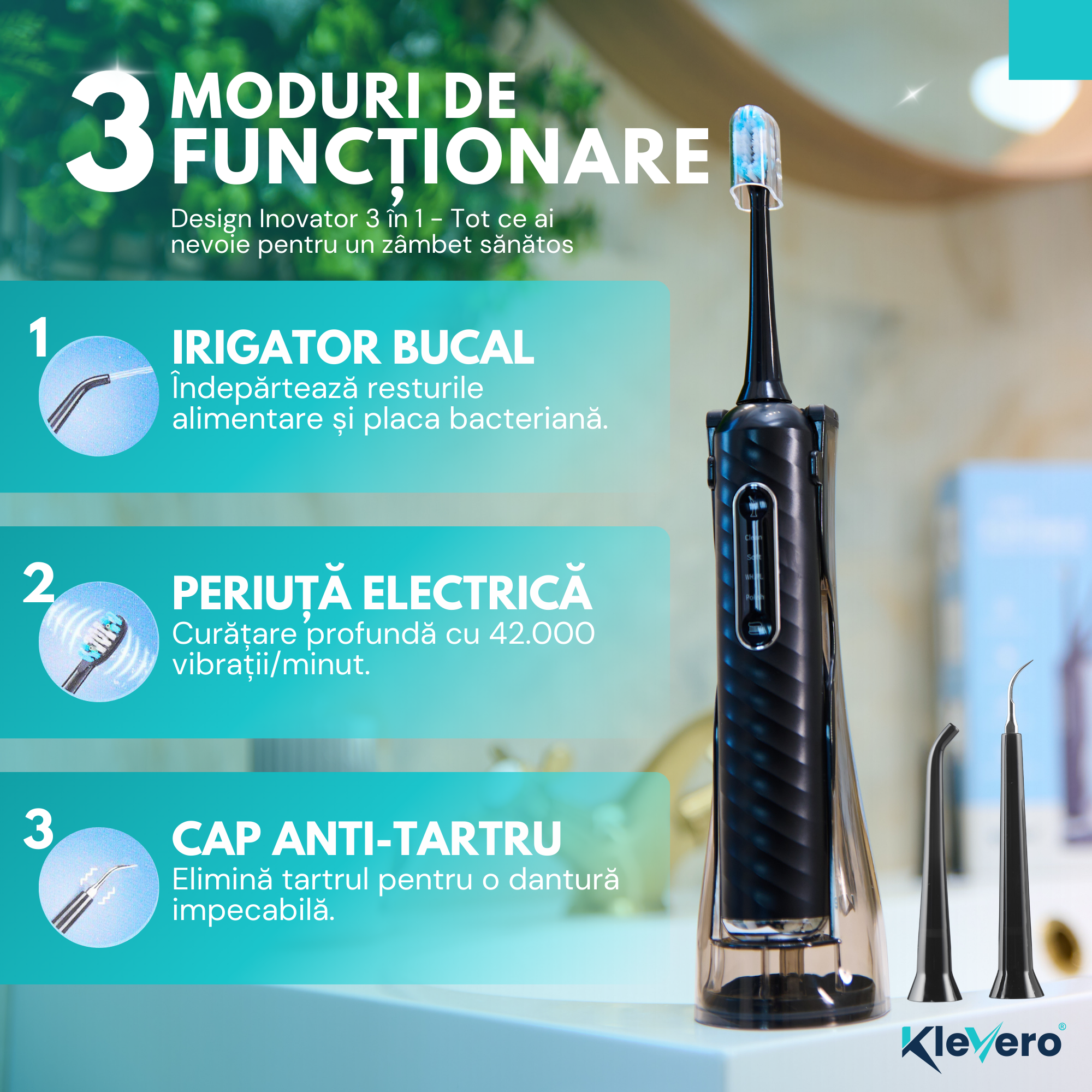 Irigator Bucal 3-in-1 cu Periuta Sonica Electrica si cap eliminare tartru