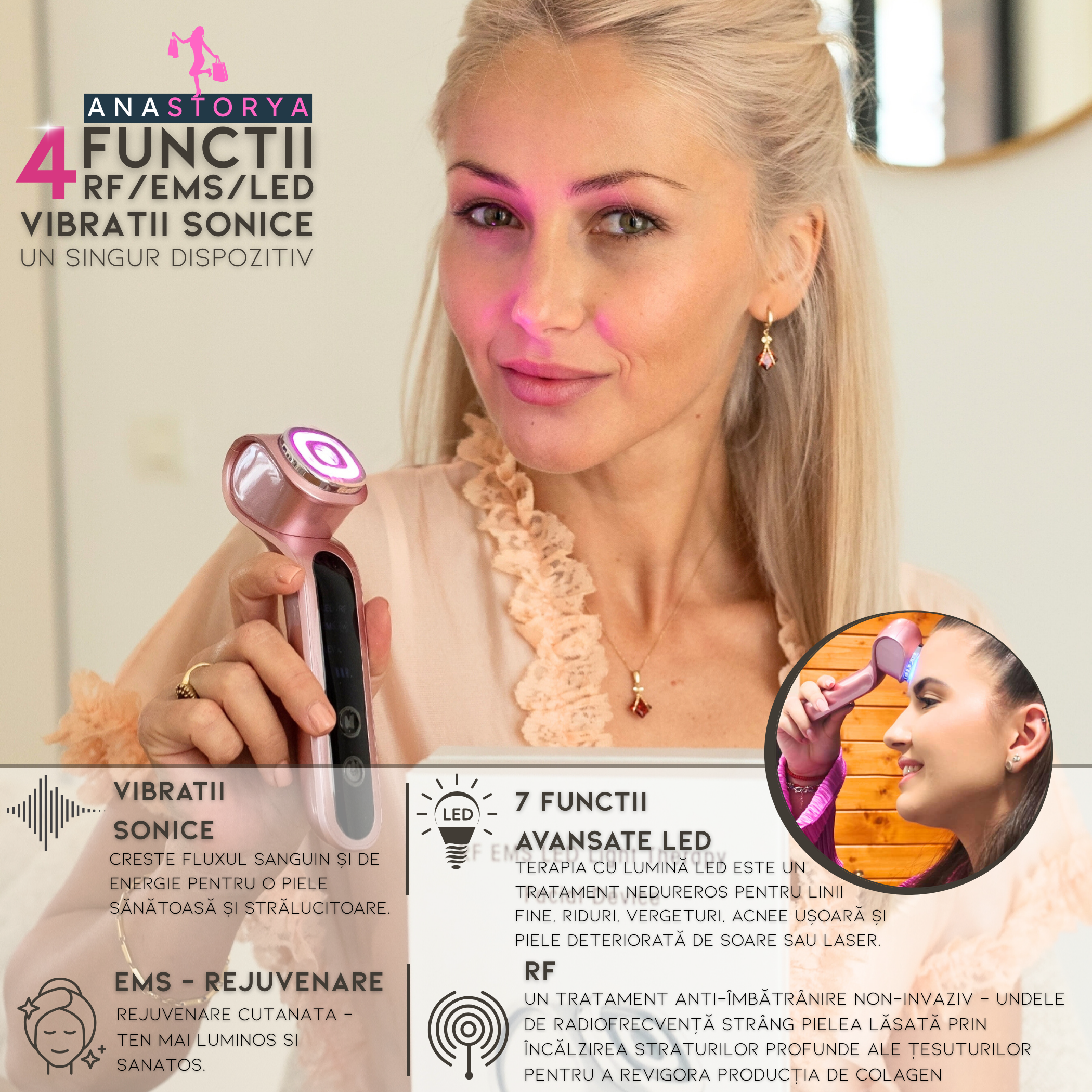 Dispozitiv Facial 7 in 1 AnaStorya, cu Terapie LED, RF si EMS – Rejuvenare, Lifting si Tratarea Acneei