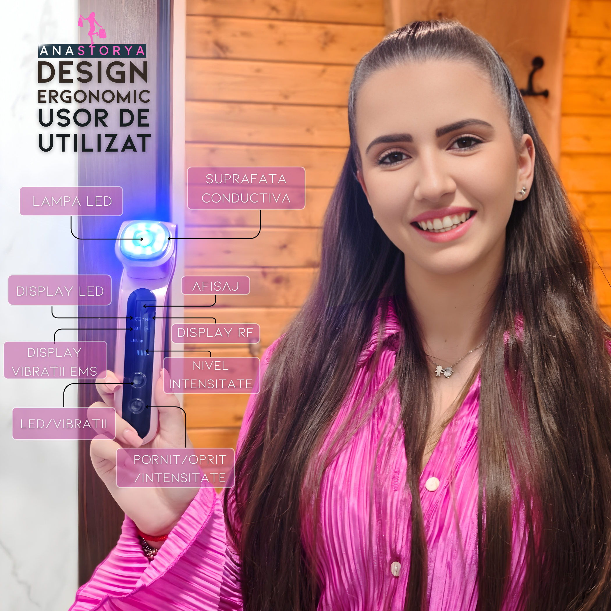 Dispozitiv Facial 7 in 1 AnaStorya, cu Terapie LED, RF si EMS – Rejuvenare, Lifting si Tratarea Acneei