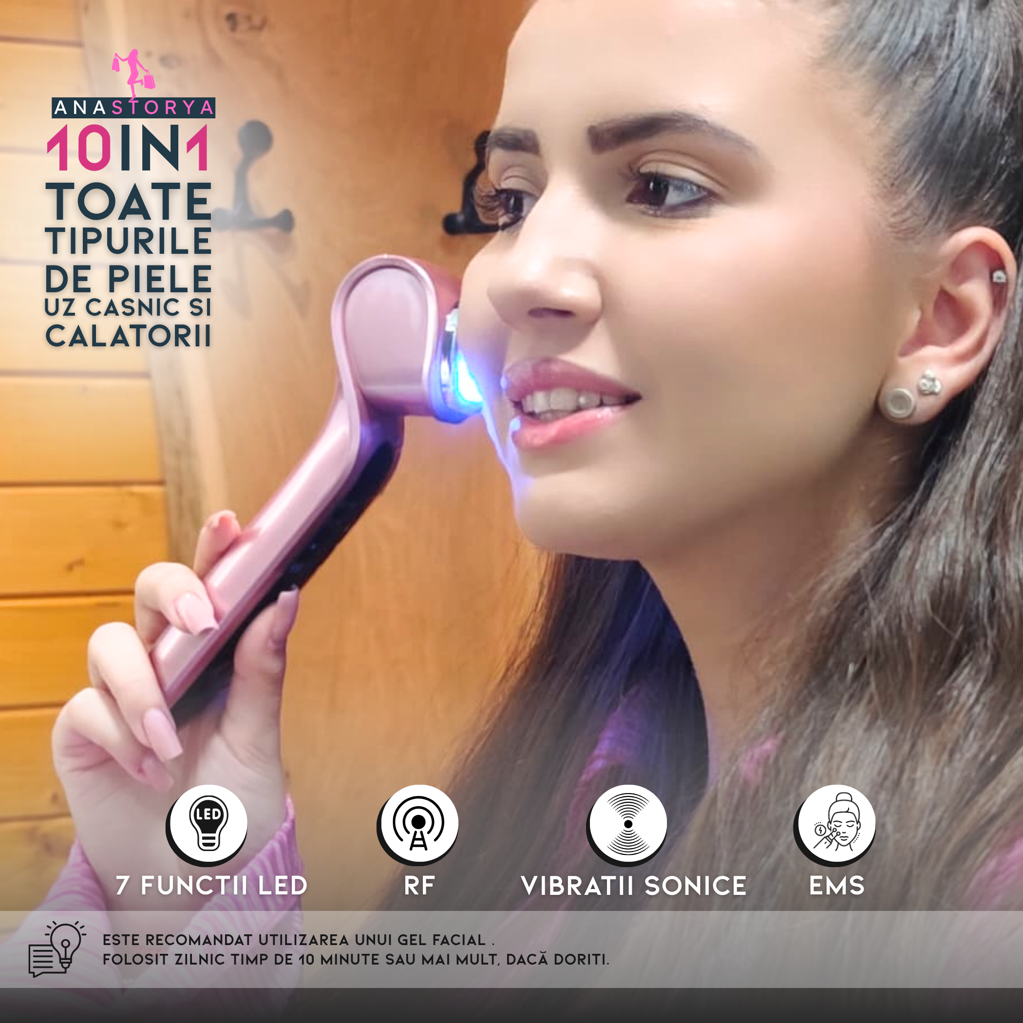 Dispozitiv Facial 7 in 1 AnaStorya, cu Terapie LED, RF si EMS – Rejuvenare, Lifting si Tratarea Acneei