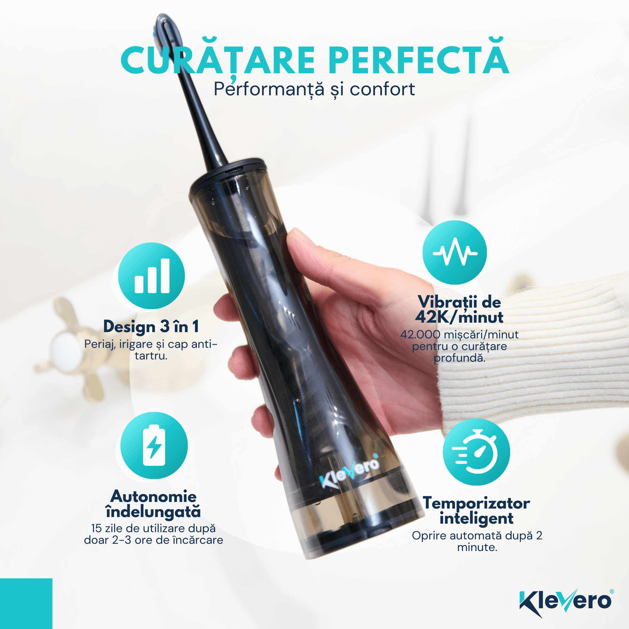 Irigator Bucal 3-in-1 cu Periuta Sonica Electrica si cap eliminare tartru