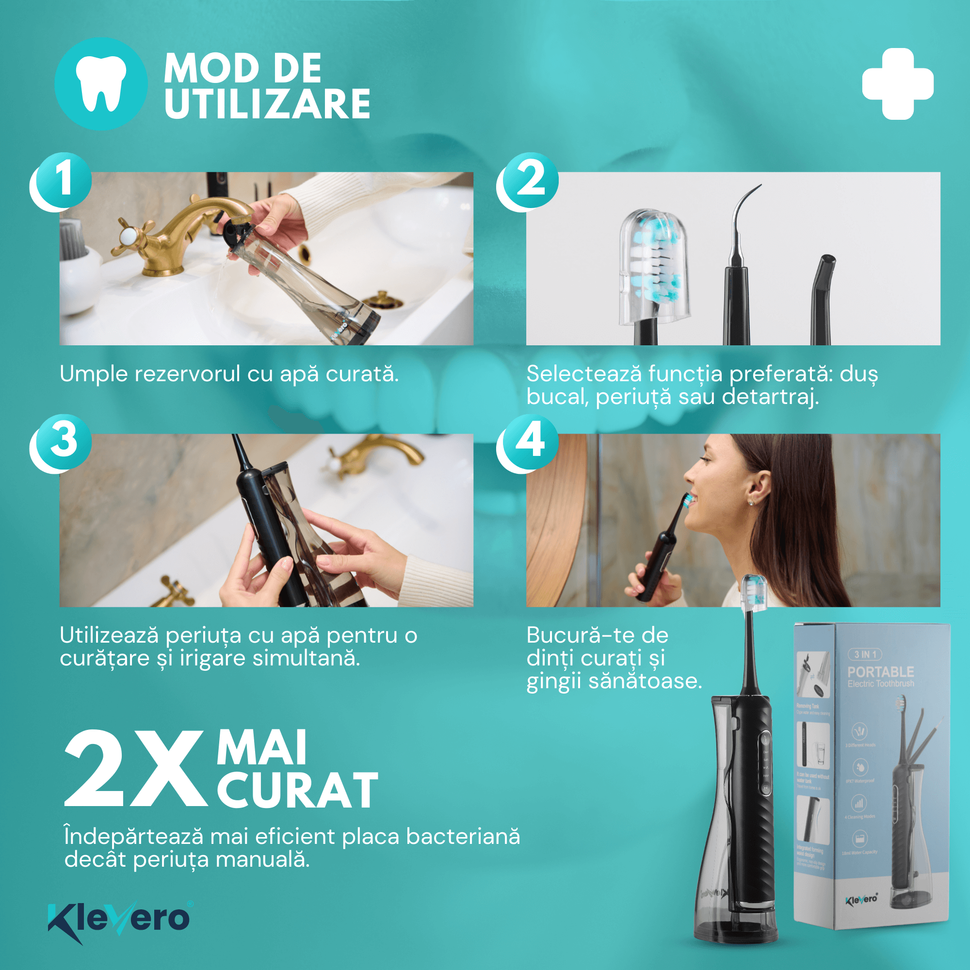 Irigator Bucal 3-in-1 cu Periuta Sonica Electrica si cap eliminare tartru KleVero