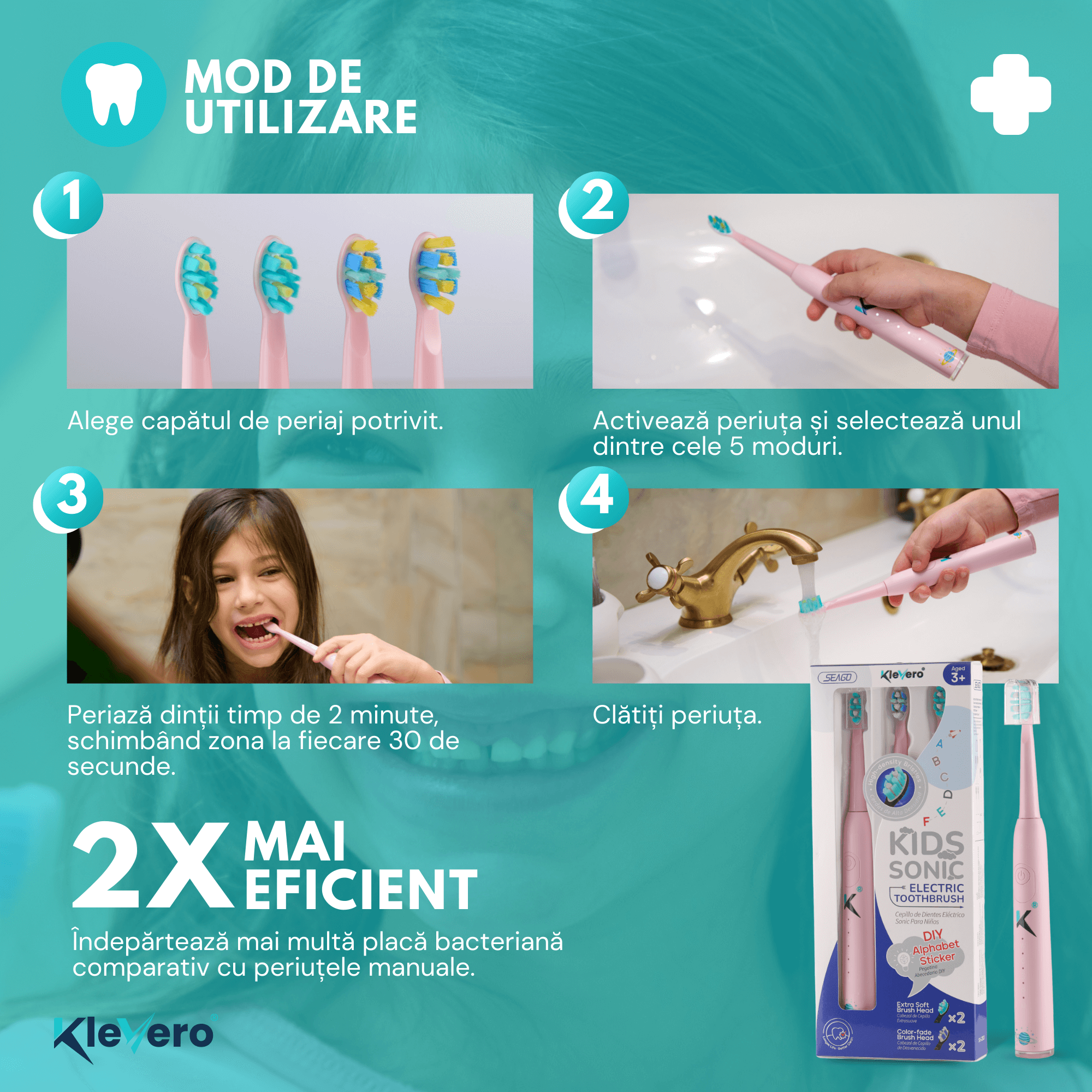 Periuta de Dinti Electrica pentru Copii - Roz KleVero