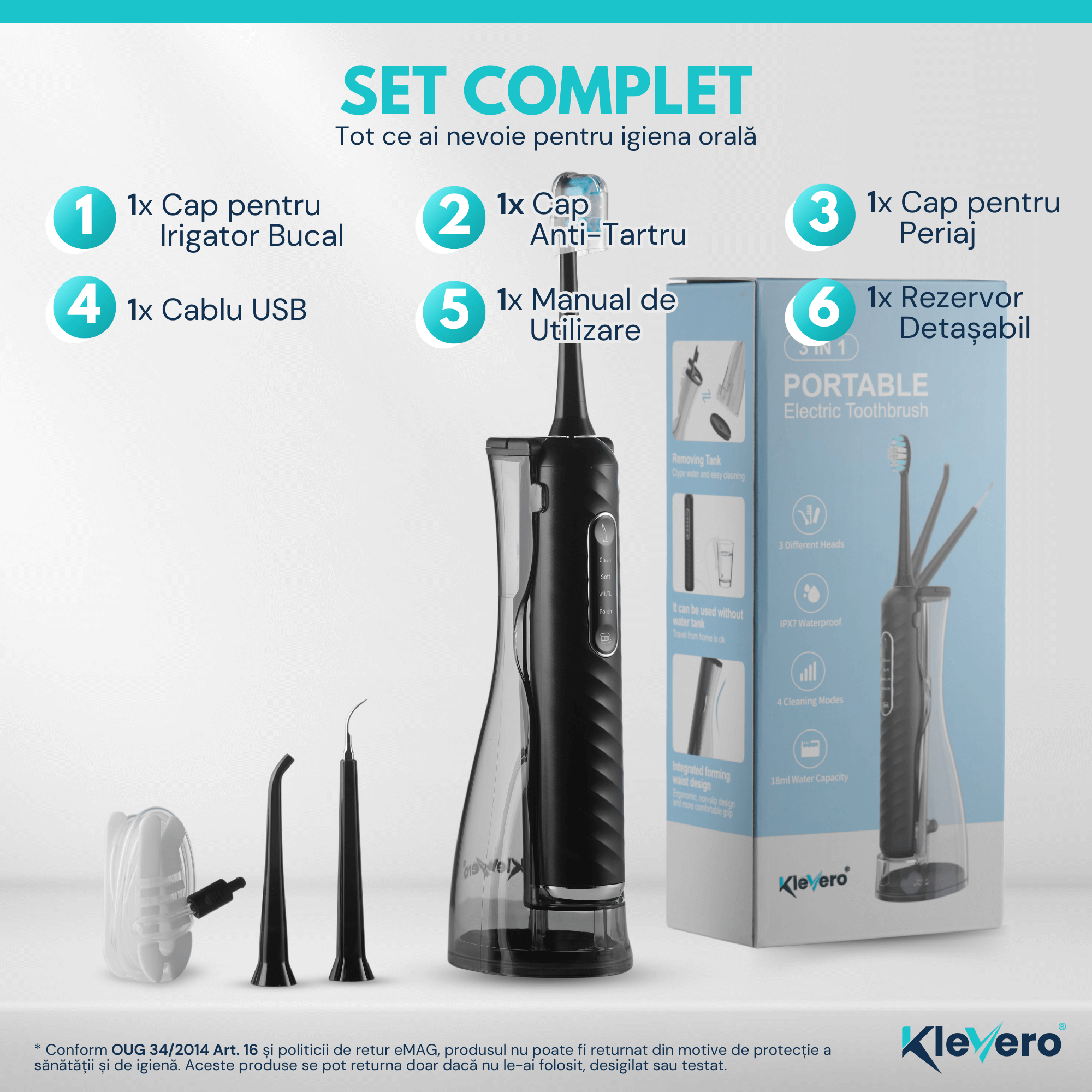 Irigator Bucal 3-in-1 cu Periuta Sonica Electrica si cap eliminare tartru KleVero