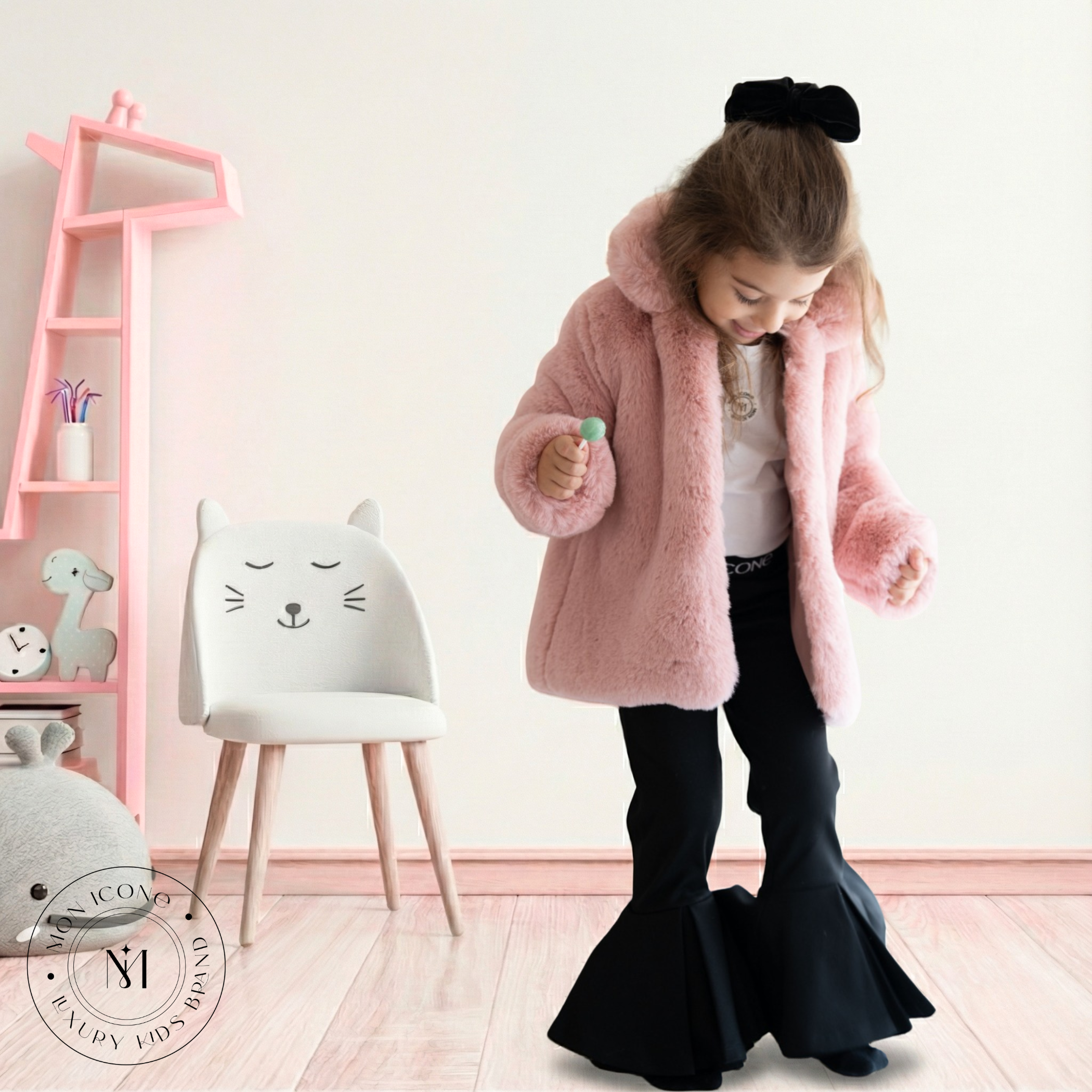 Haină pentru fete Mon Icone, blana naturală, roz, 98 cm