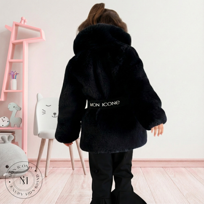 Haină pentru fete Mon Icone, blana naturală, neagra, 98 cm