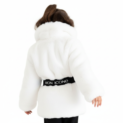 Haină pentru fete Mon Icone, blana naturală, alba, 98 cm