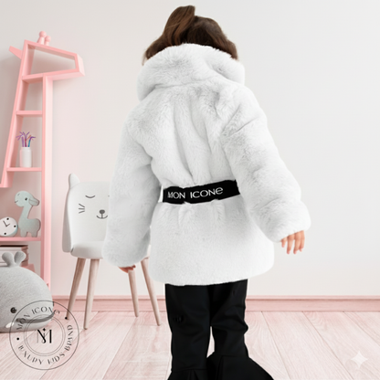 Haină pentru fete Mon Icone, blana naturală, alba, 98 cm
