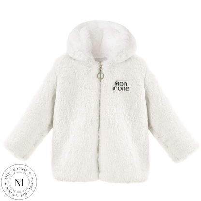 Haină pentru fete Mon Icone, blana naturală, alba, 98 cm