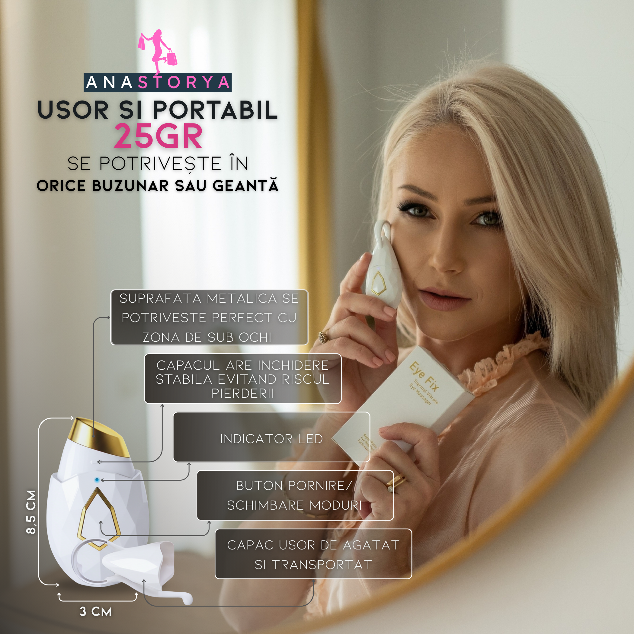 Aparat ingrijire faciala pentru ingrijirea ochilor AnaStorya, 4 in 1, anti-rid, anti-pungi sub ochi, lifting facial