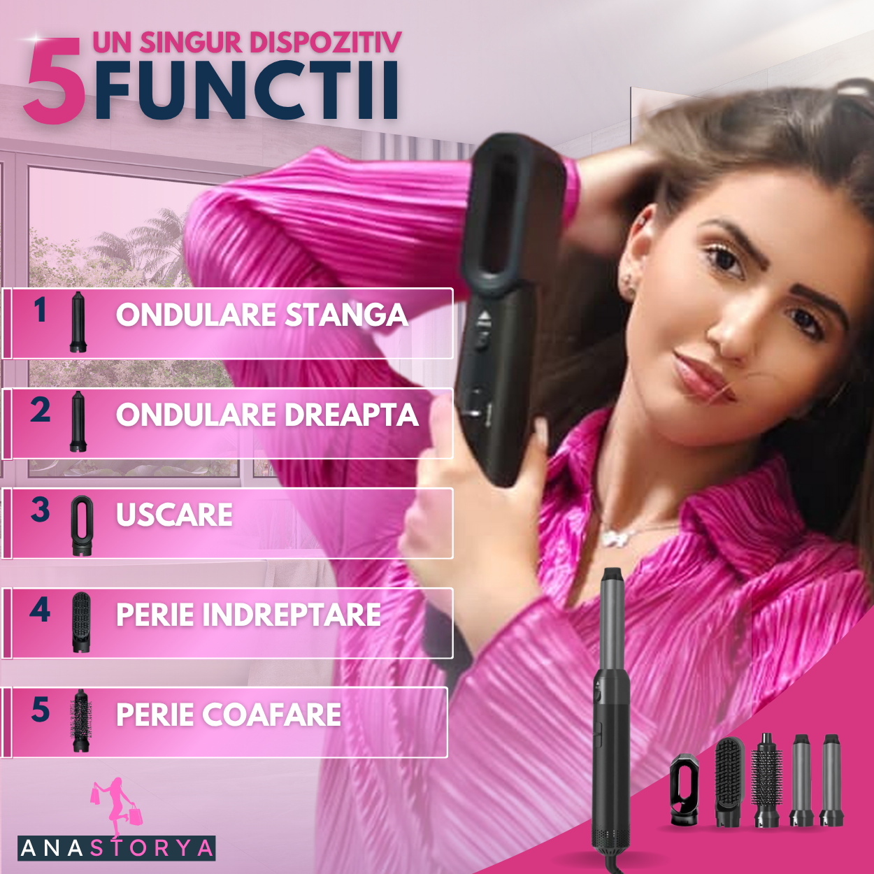 Perie Electrica cu aer cald 5 IN 1, Motor 1000W AnaStorya