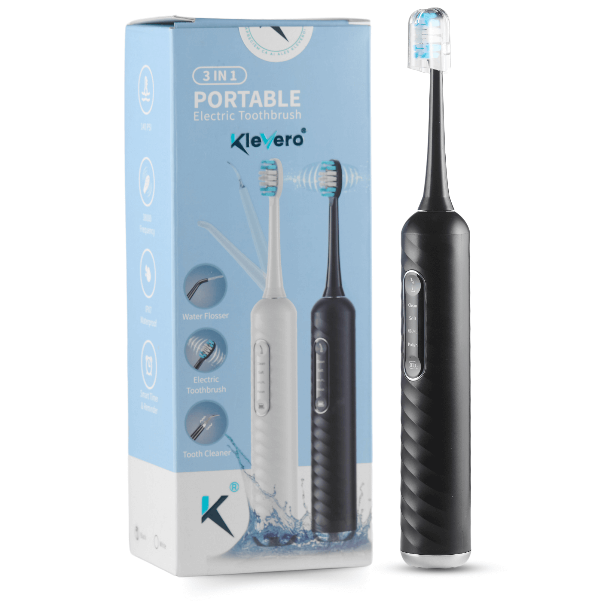 Periuta Electrica 3-in-1 cu Irigator Bucal si cap eliminare tartru KLEVERO® – Tehnologie de Pulverizare cu 2 Orificii