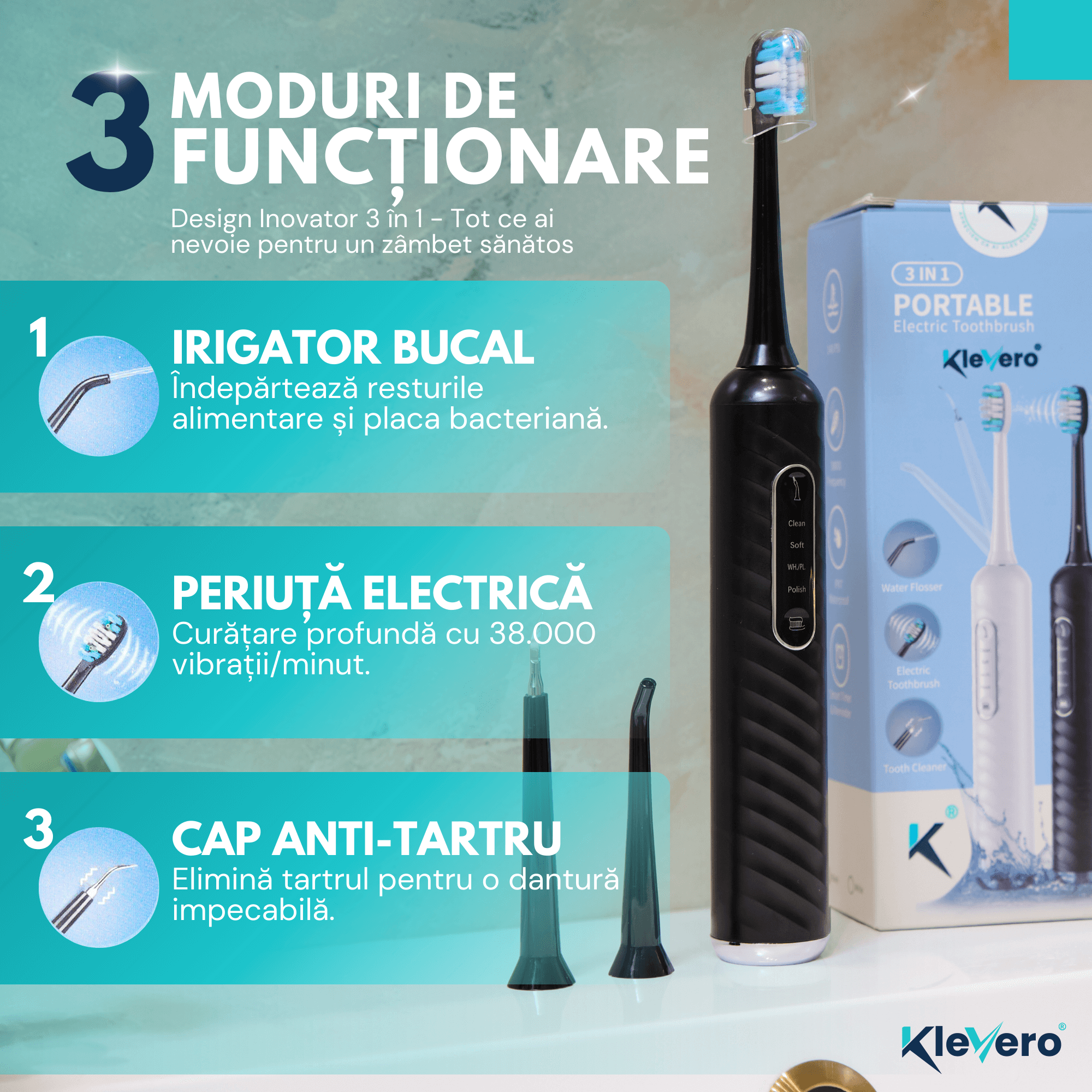 Periuta Electrica 3-in-1 cu Irigator Bucal si cap eliminare tartru