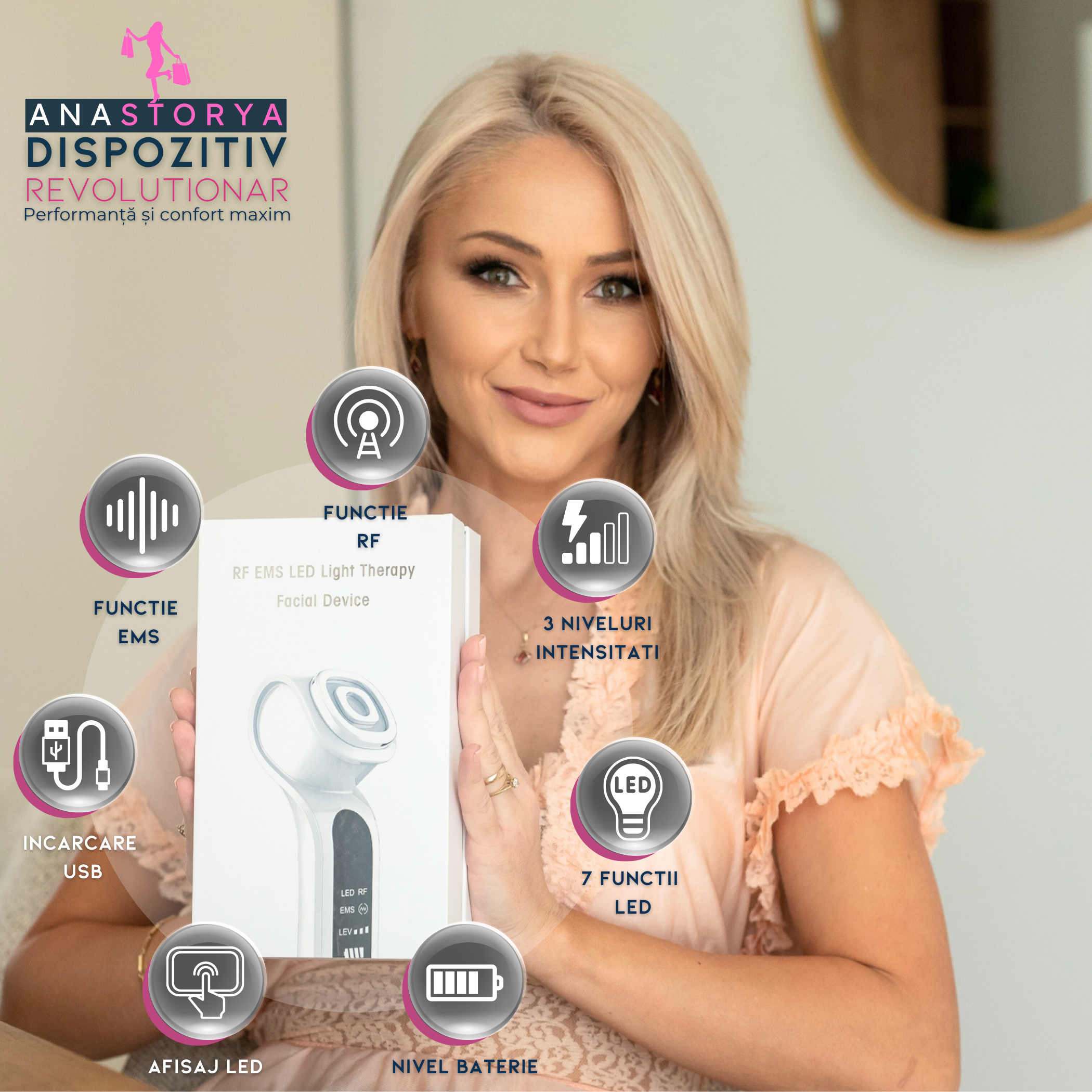 Klevero 7 in 1 Facial Device, with LED, RF and EMS Therapy – Rejuvenation, Lifting and Acne Treatment 