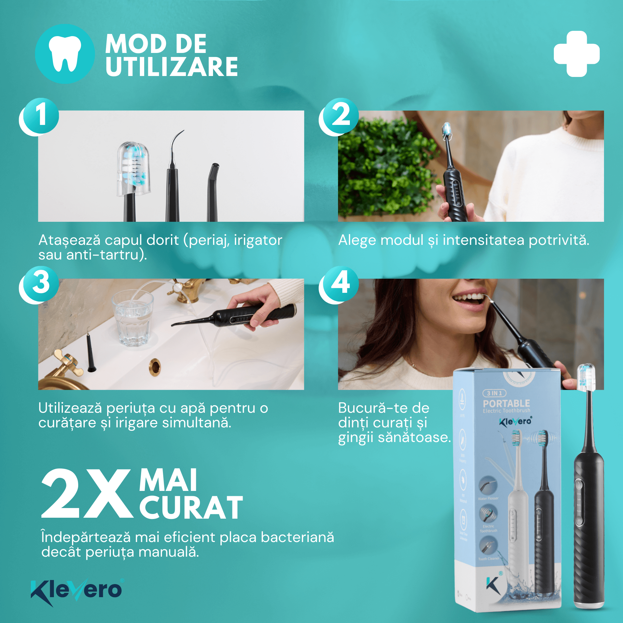 Periuta Electrica 3-in-1 cu Irigator Bucal si cap eliminare tartru